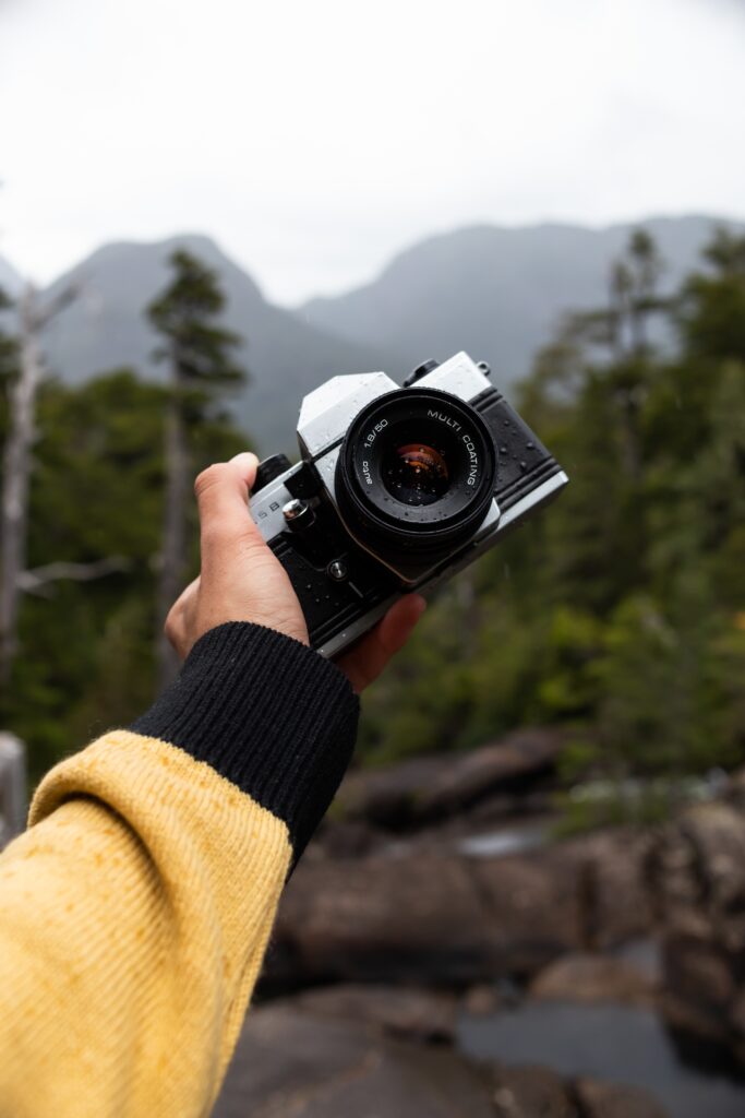 Vertical shot of a male hand holding a professional photo camera with forest on the background